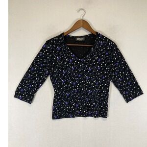 90s Aesthetic Briggs Petite Women S Black Purple Floral V-Neck 3/4 Sleeve Top
